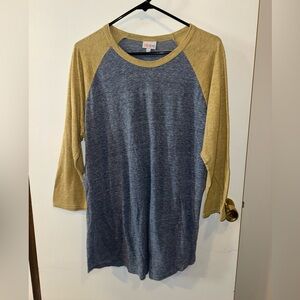 LuLaRoe Women’s Randy Shirt Top Yellow Mustard Sleeves Blue Center Size XL
